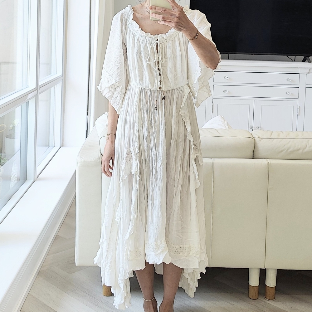 Free People Boho Maxi Dress with Flutter Sleeves Crochet Detail XS